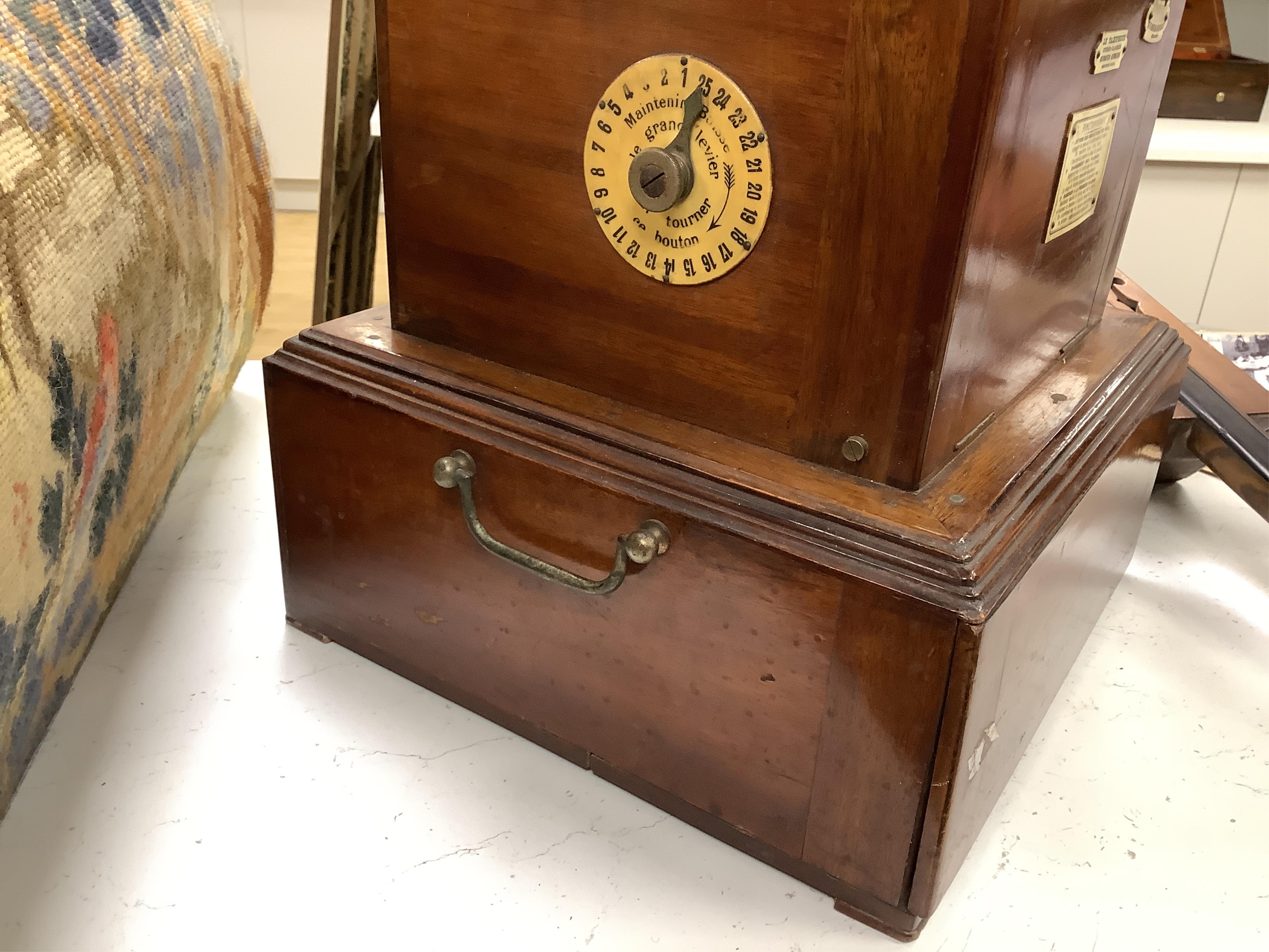 A late 19th century French mahogany Taxiphote stereoscopic table top viewer, 51cm high, 33cm wide